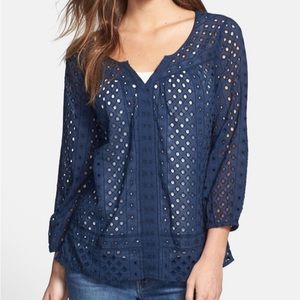 Lucky Brand Brea Eyelet Popover Top Blue Size Small